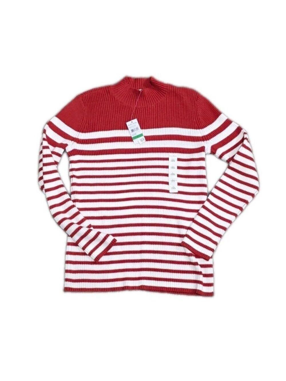 Studio Works Women's Sweater Large Orange/White Striped Long Sleeve Mock Neck L